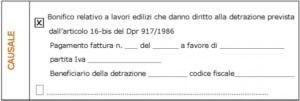Esempio di bonifico parlante per accedere alle detrazione del bonus facciate